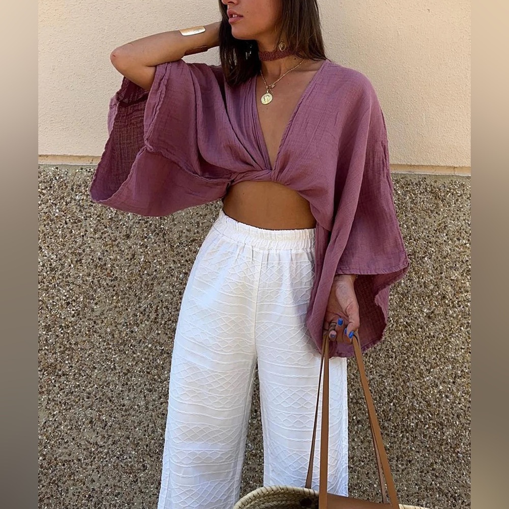 259 Tie-Front Long Sleeve Cropped Blouse